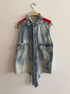 Upcycled Acid Wash Denim Sleeveless Button-Up | SNAP | Red Eagle Bandana Yoke